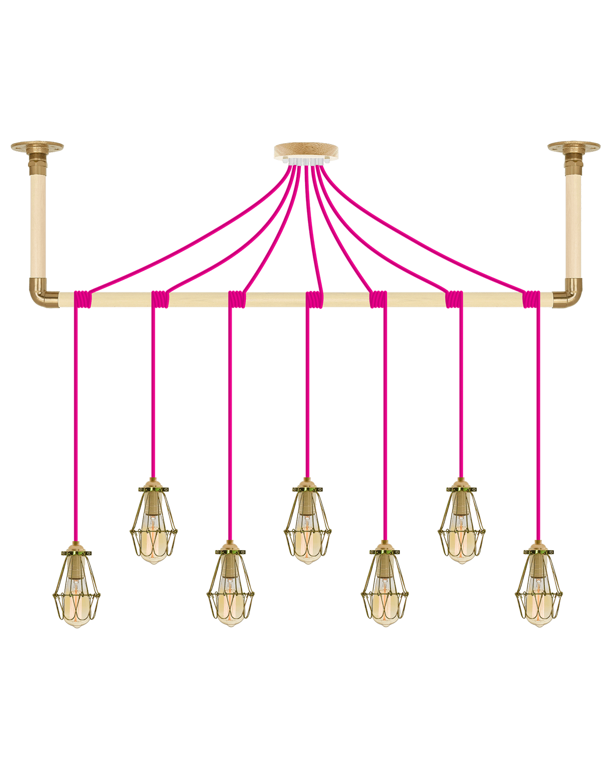 Wrap Chandelier: Pink and Brass Cage Hangout Lighting 7 Pendants