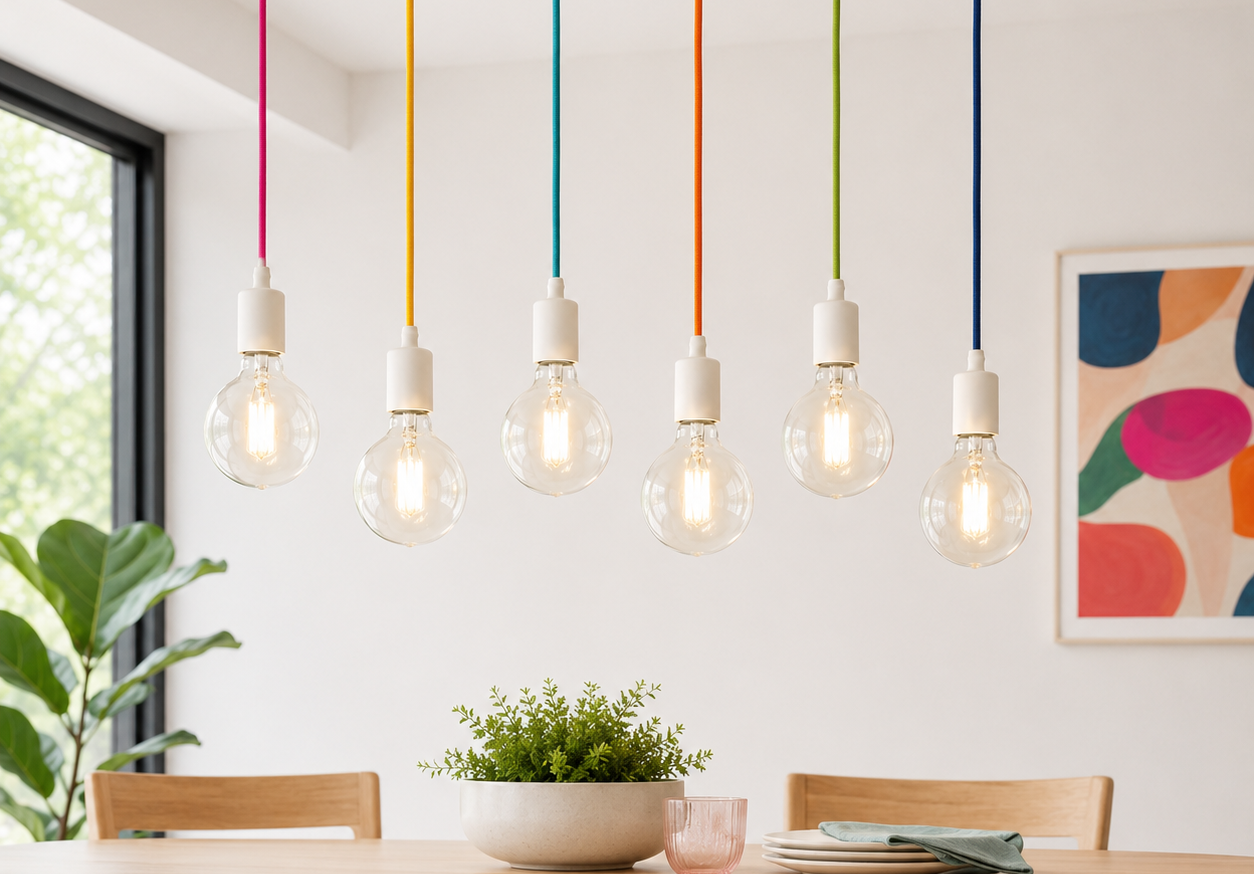 Six colorful pendant light cords in pink, yellow, teal, orange, green, and navy hang above a wooden dining table with clear globe bulbs in a bright, modern room.