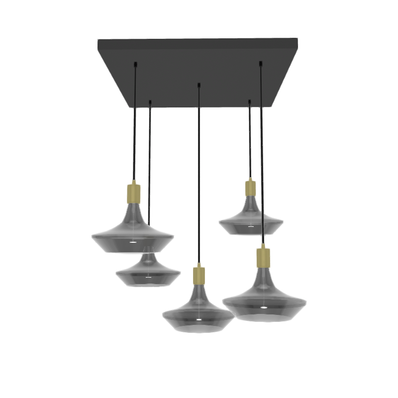 metal base pendant light chandelier with black and brass and oversized smoke bulbs