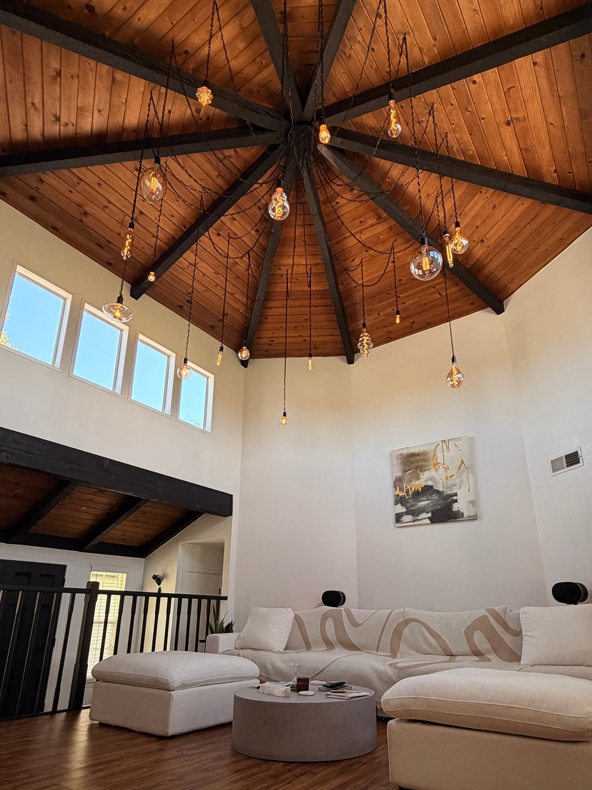 19 Pendant Swag Chandelier: XL Amber Globe Mix, High Ceiling