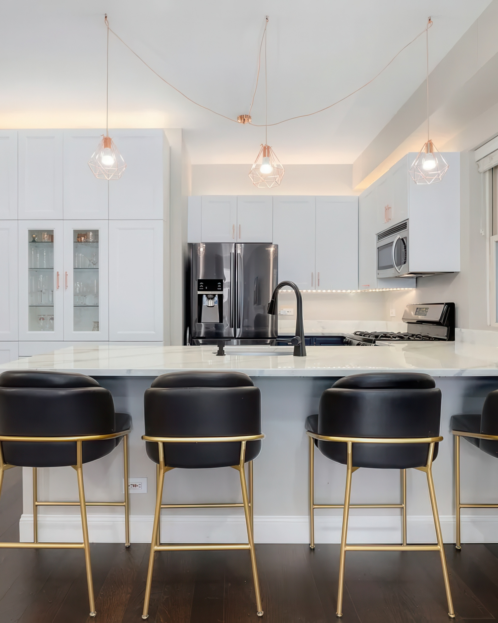 3 pendant kitchen swag copper diamond geometric cages modern white kitchen