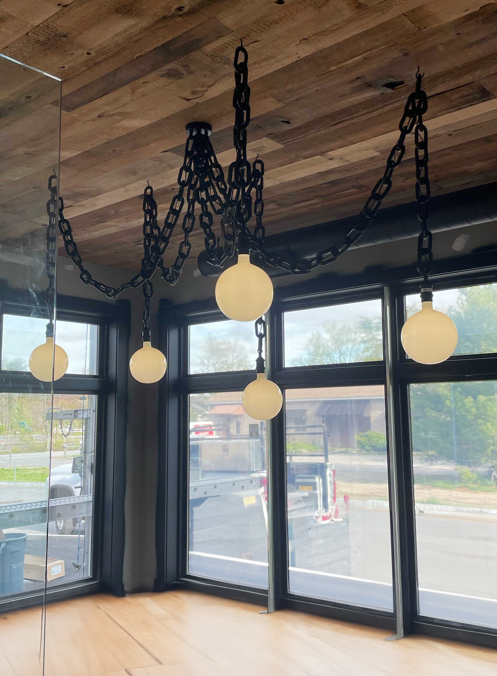 Customize: Swag Chandelier - Thick Black Chain with White Globe Shades