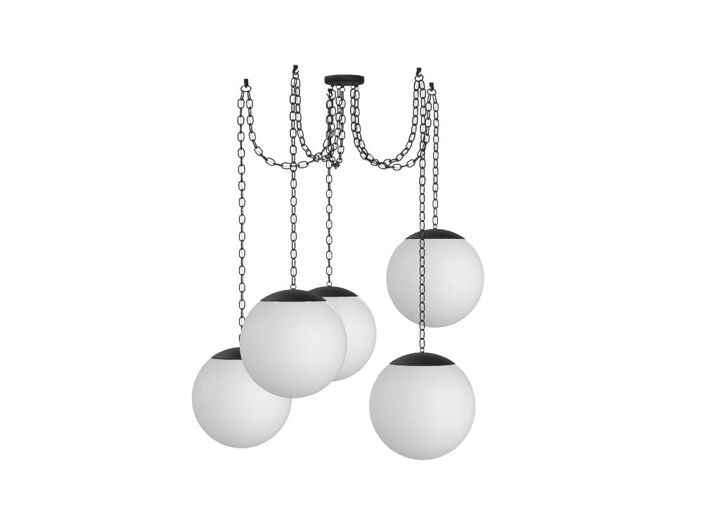 5 Pendant Black Chain Swag - White 16" Globes