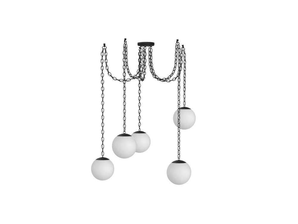Black Chain Swag Chandelier: 5 Pendant, White 12" Globes