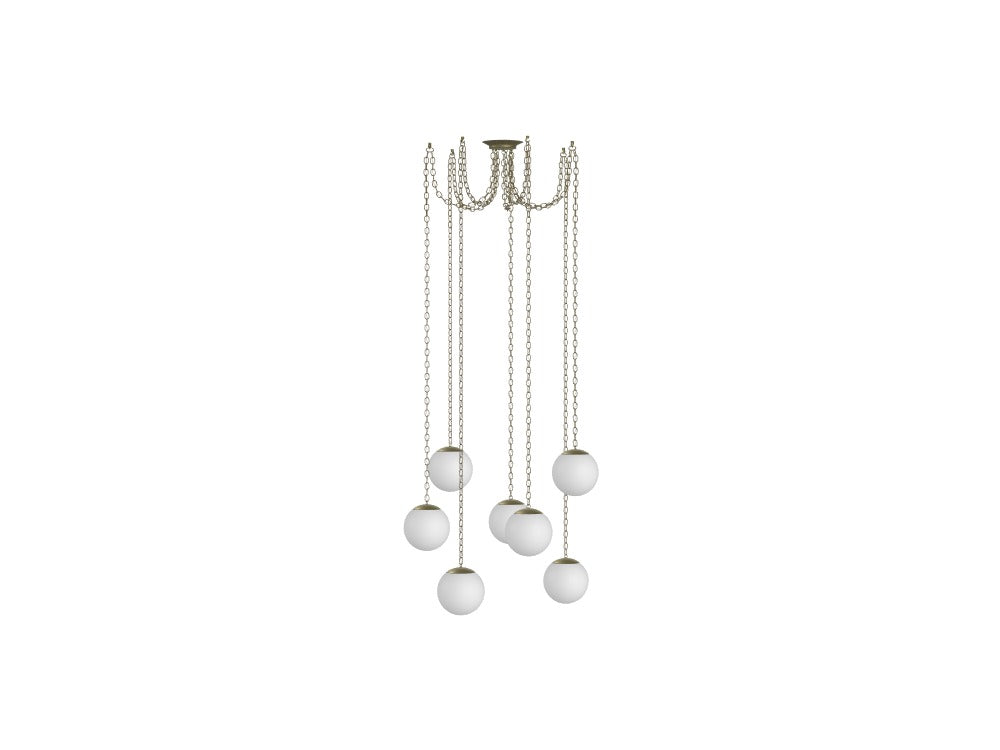 High Ceiling Swag Chandelier – 7 Globe Pendant | Antique Chain, 10" White Globes