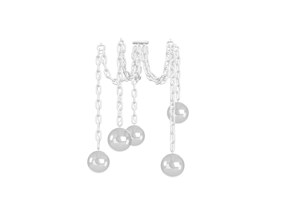 White Chain Swag Chandelier, 5 Glass Globe Pendants