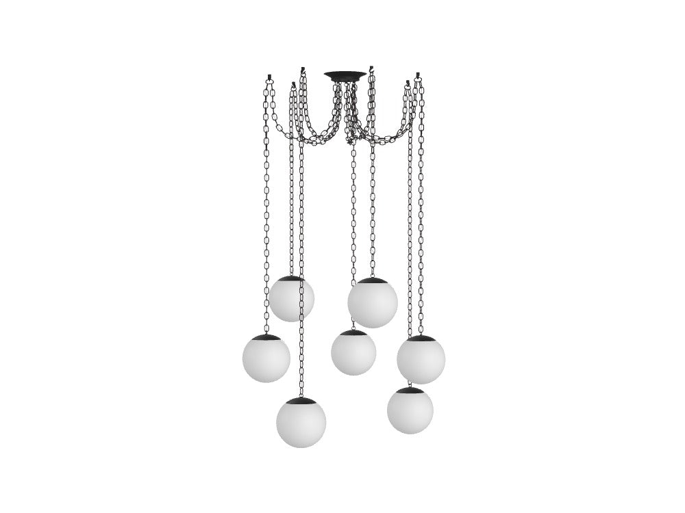 7 Pendant Black Chain Swag - White 10" Globes