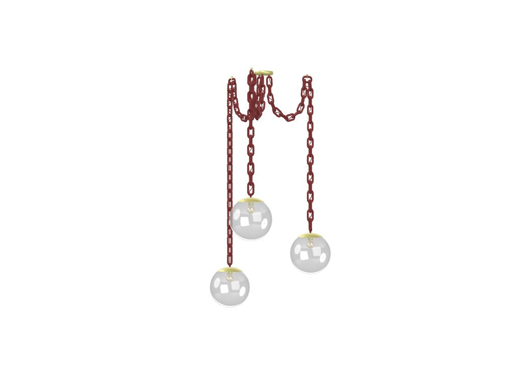 3 Pendant Thick Crimson Chain Swag - Brass, 12" Glass Globes
