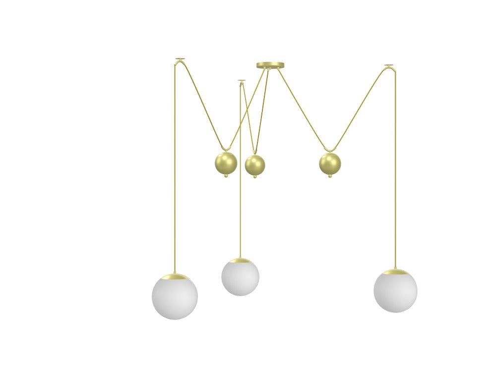 3 Light Brass Pulley Pendants with White Neckless Globes