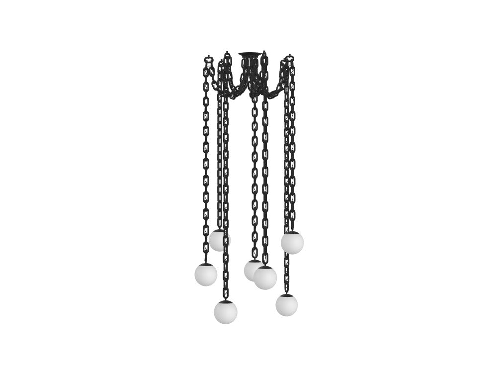 High Ceiling Swag Chandelier – 7 Globe Pendant | Black Thick Chain, 10" White Globes