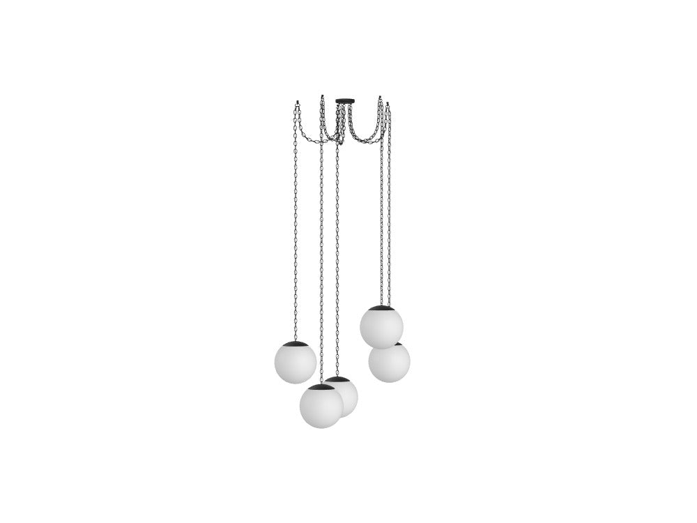 5 Pendant Black Chain Swag - White 14" Globes