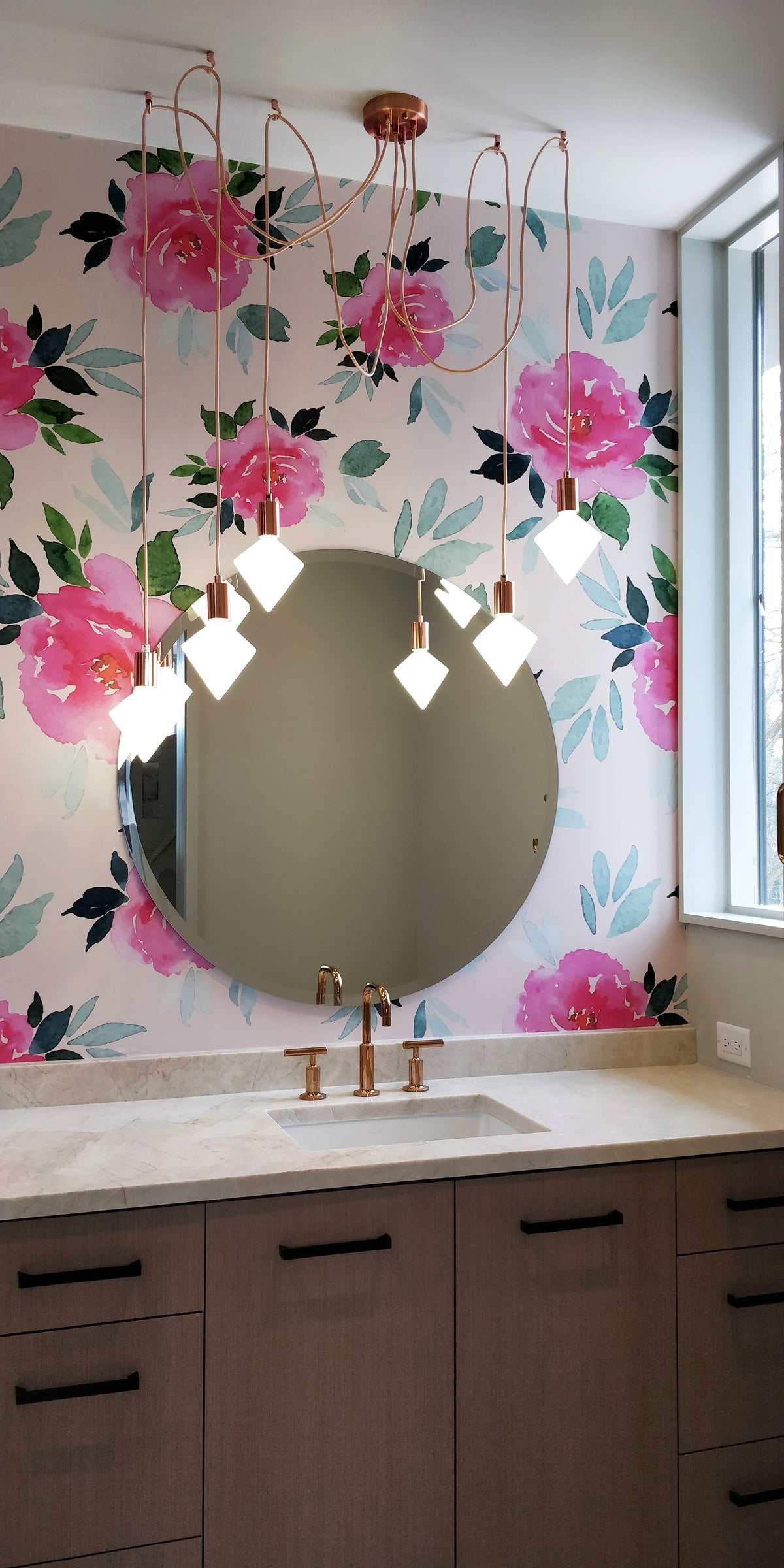 Blush Copper Bathroom Vanity with Diamond Pendants