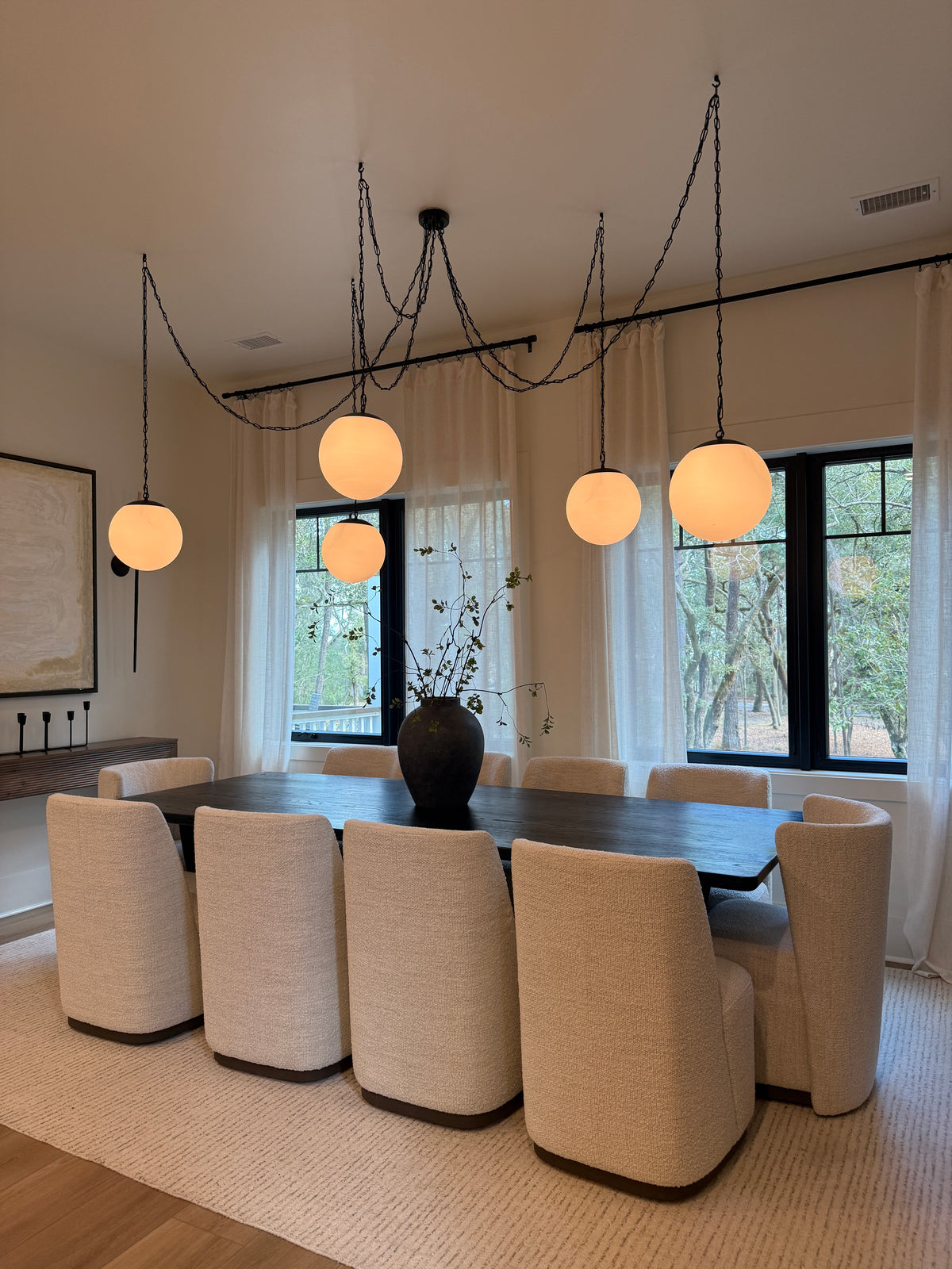 Dining Chandelier Black Chain Swag 12" White Globes