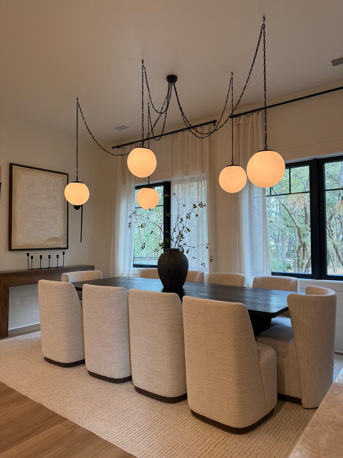 Black Chain Swag Chandelier: 5 Pendant, White 12" Globes