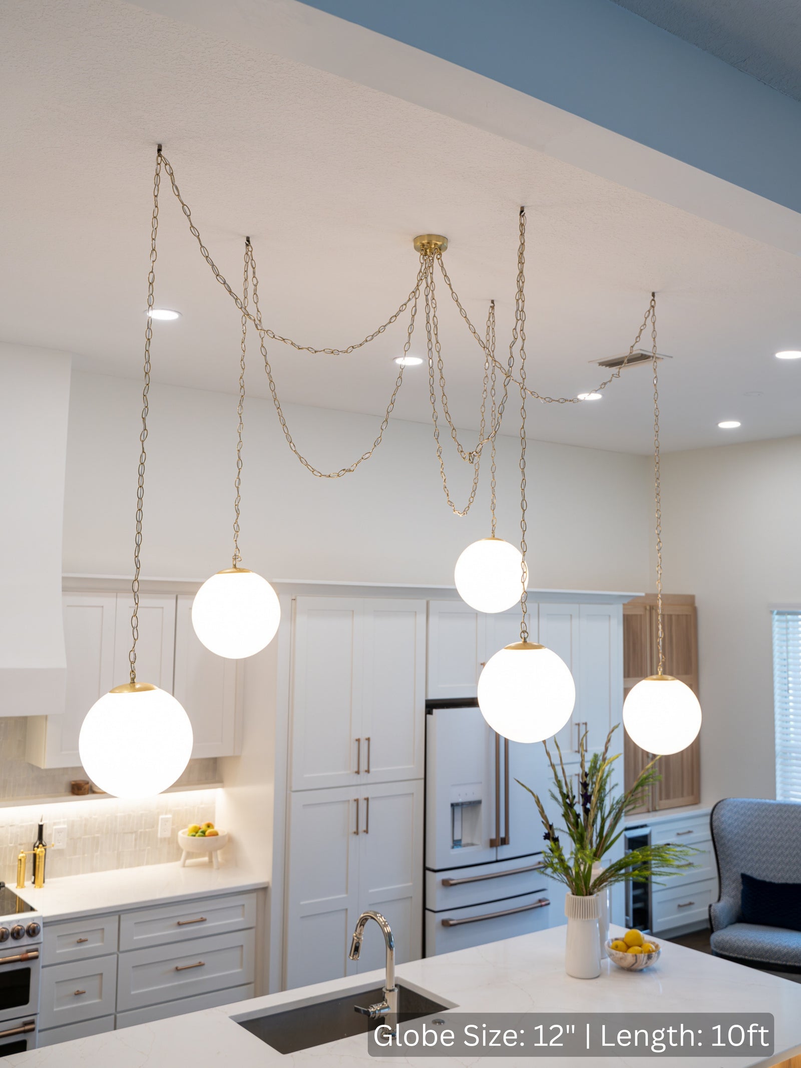 Swag Chandelier: Brass Chain with Neckless Globe Shades