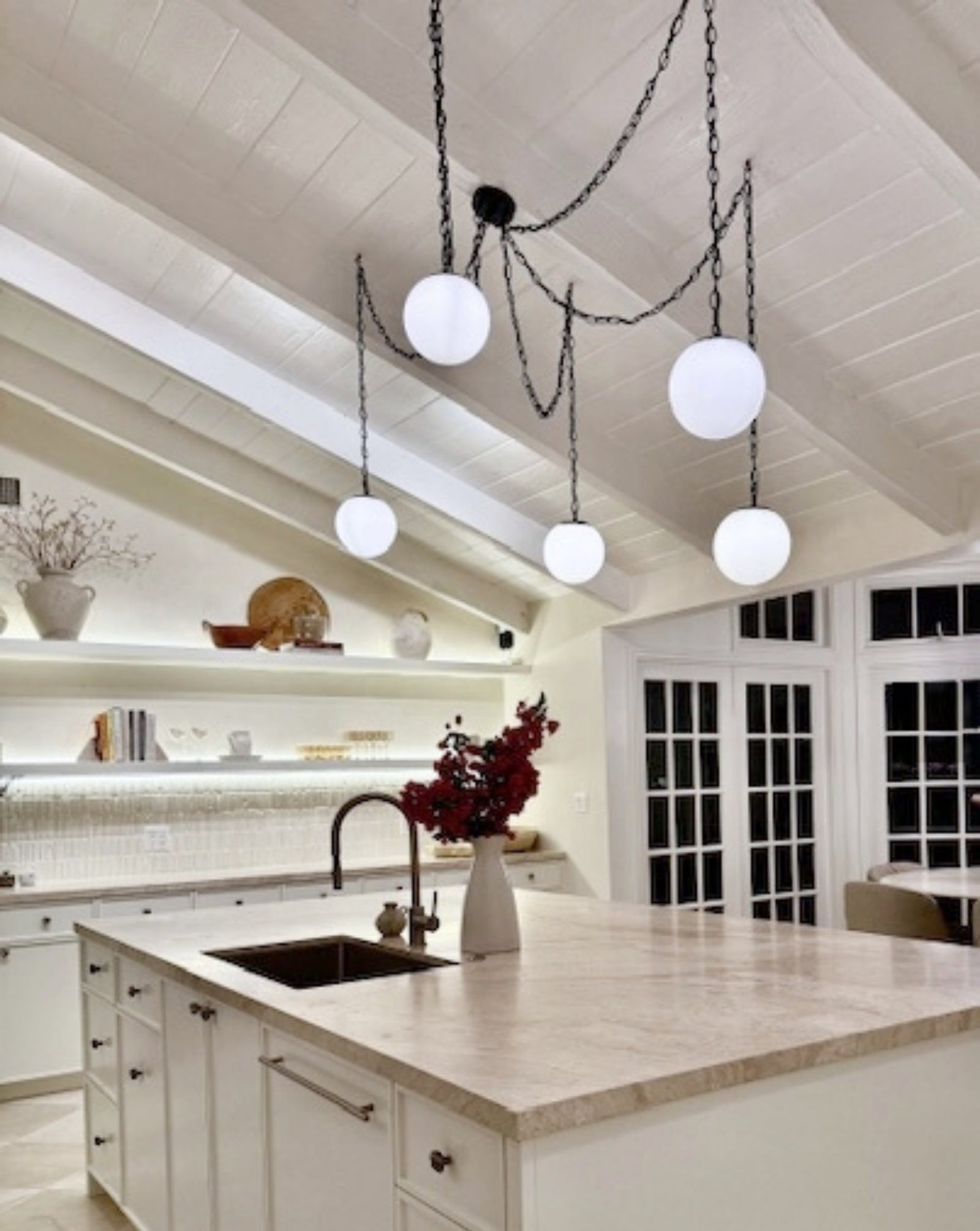 Black Chain Swag Chandelier: 5 Pendant, White 12" Globes