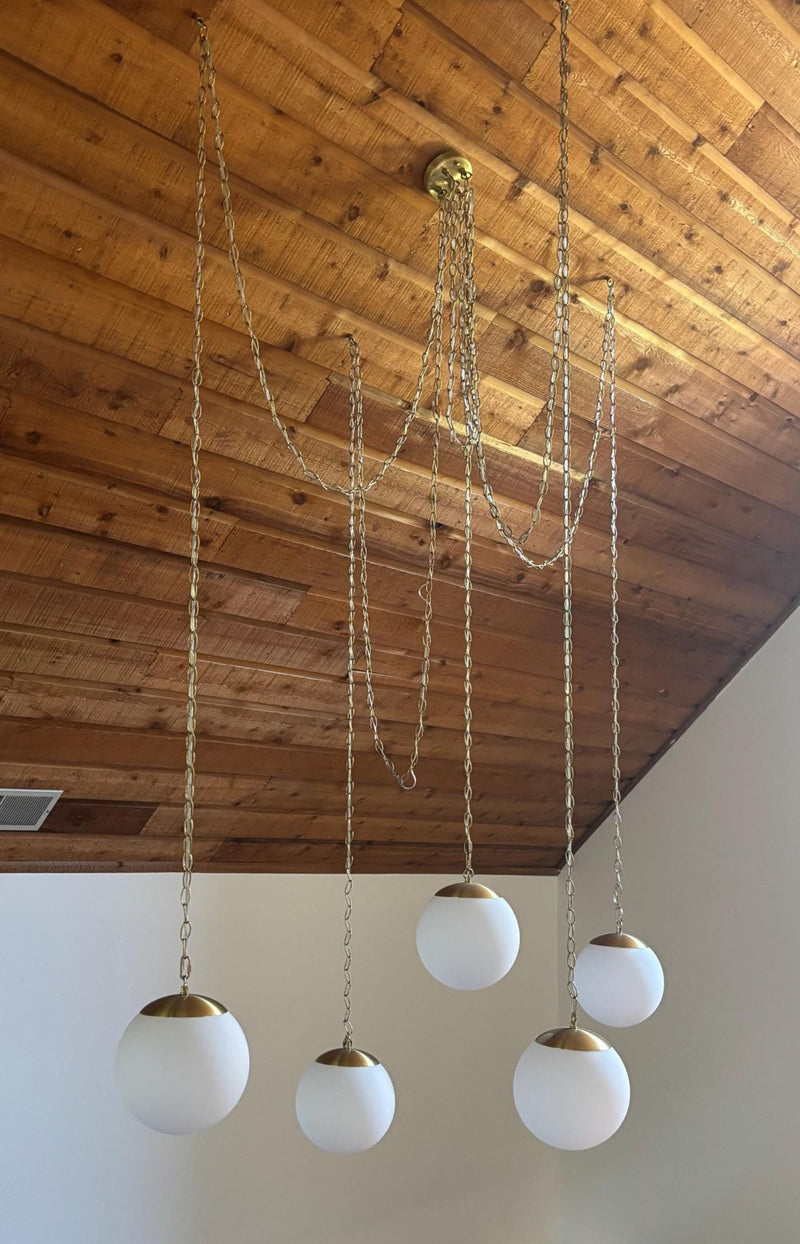 Sloped Ceiling Brass Chain Swag 8" White Globes