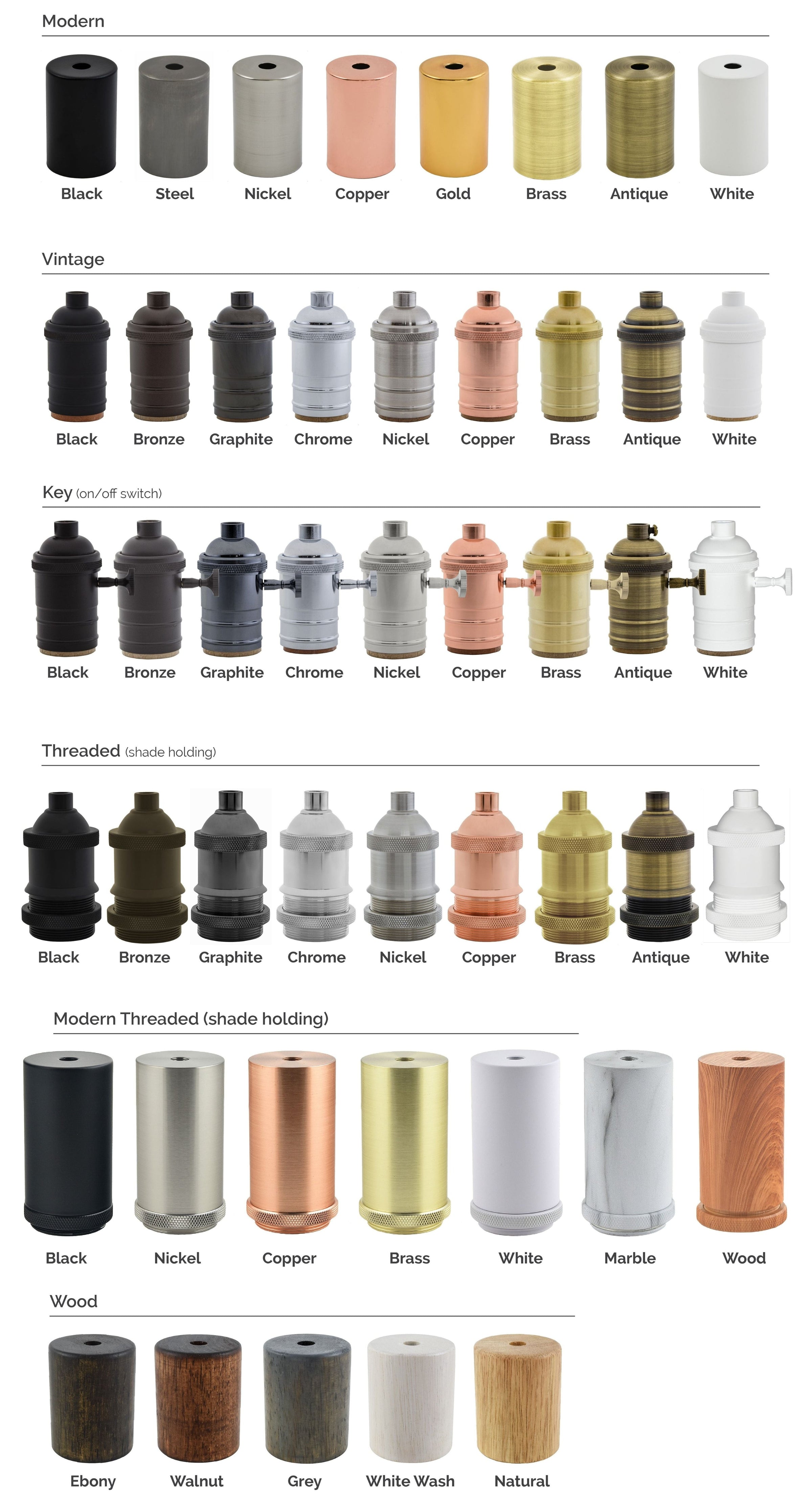Color swatches for socket choices including modern, vintage, and threaded 1 5/8 shade holder, wood sokets