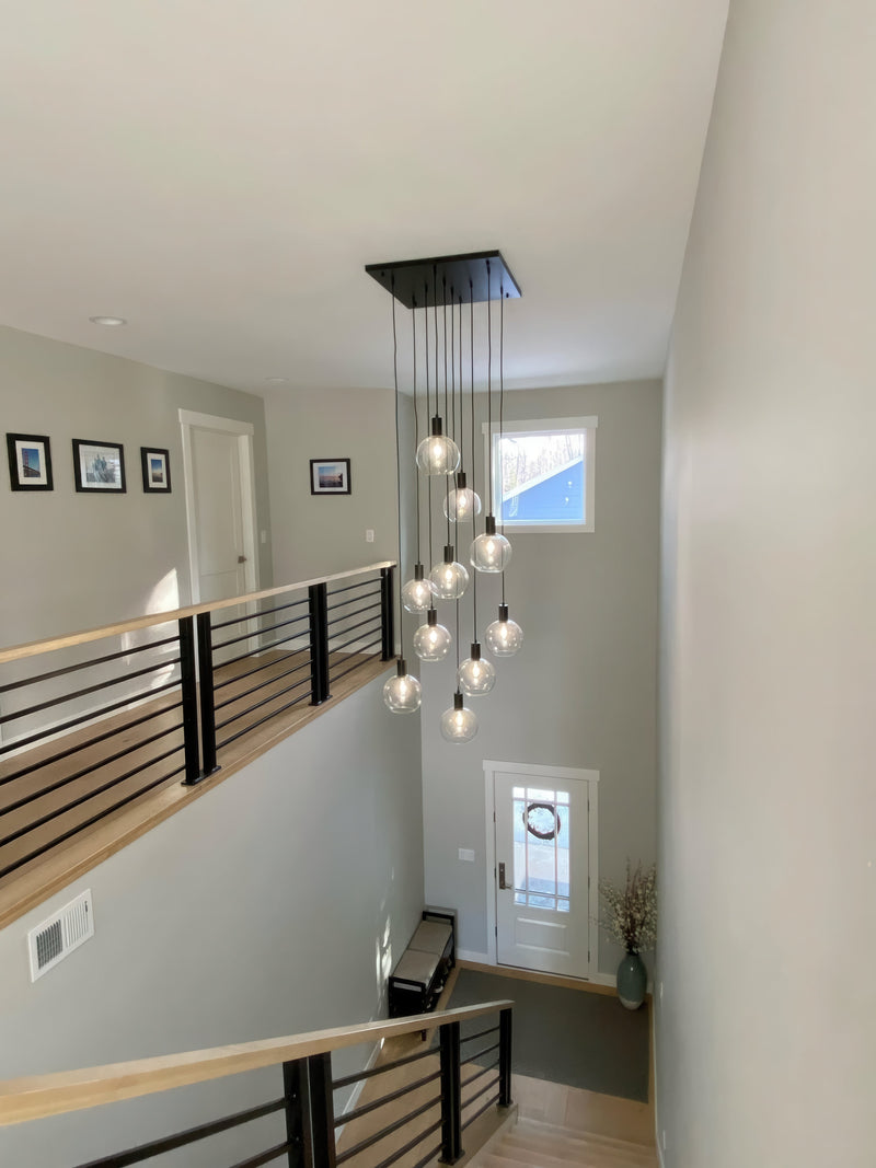 Square base cascading glass globe pendants