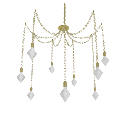 brass chain pendant chandelier with modern white diamond light bulbs