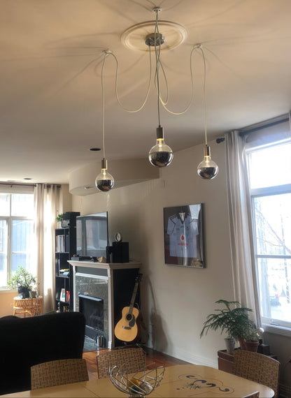 chrome dipped bulbs 3 pendant swag chandelier over vintage dining table