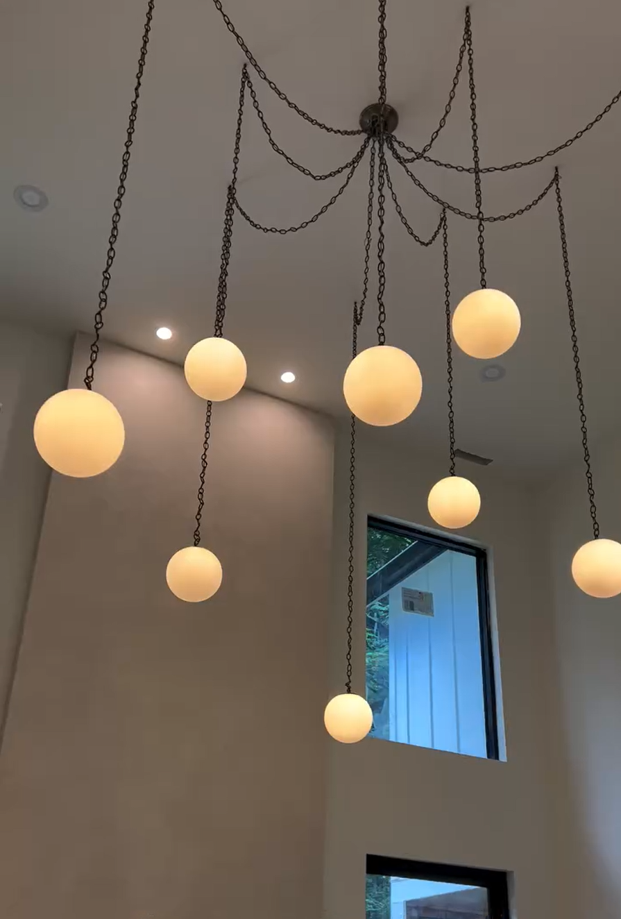 High Ceiling Swag Chandelier – 7 Globe Pendant | Antique Chain, 10" White Globes