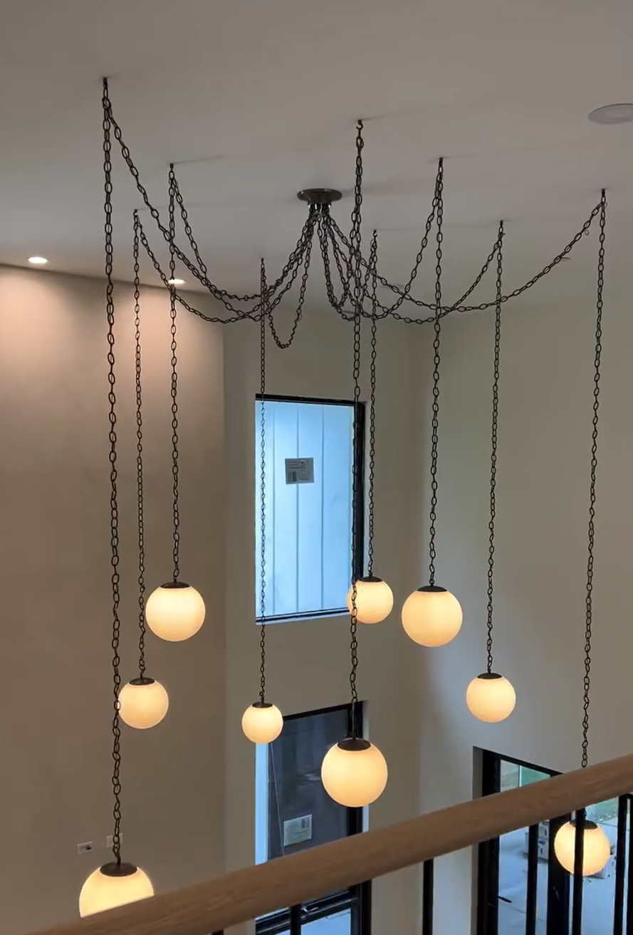 High Ceiling Swag Chandelier – 7 Globe Pendant | Antique Chain, 10" White Globes