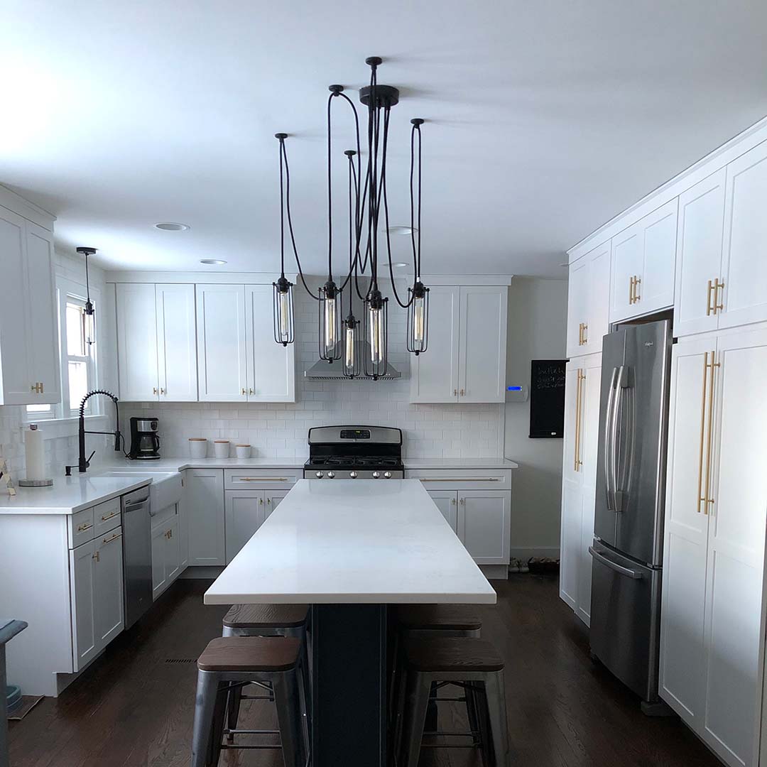 Modern Industrial Kitchen with Black Swag Pendant Light Chandelier Black Cage