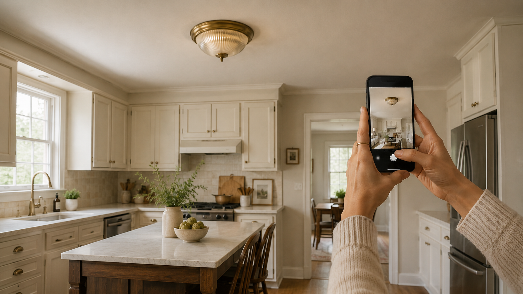 A person holding a smartphone in a bright, modern kitchen with cream cabinets and a marble island, taking a photo of a ceiling light fixture. upgrade kitchen lighting