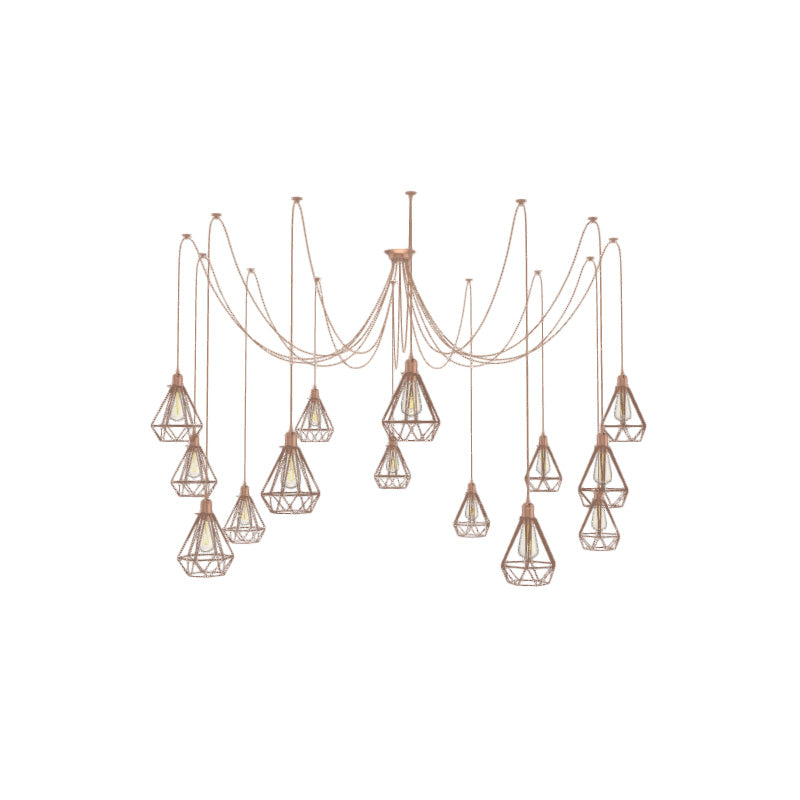 Large Copper Hanging Pendant Swag Chandelier with Diamond Cage Shades
