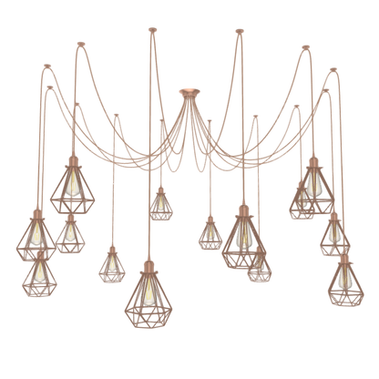 Large Copper Hanging Pendant Swag Chandelier with Diamond Cage Shades