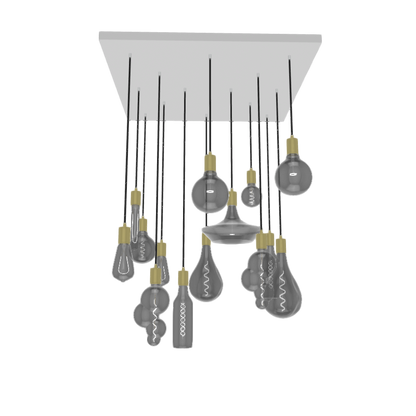 Large White Metal Base Square Pendant Light Chandelier with Oversized Smoke Bulbs