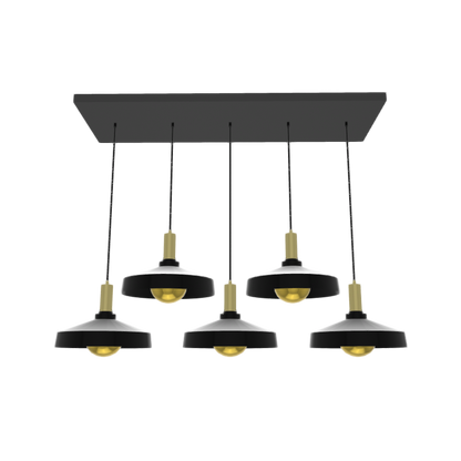 A Linear Metal Base Chandelier with Black and Brass industrial shade pendant lights and gold dipped bulbs