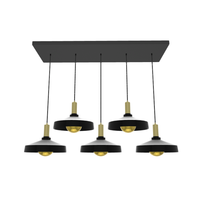 A Linear Metal Base Chandelier with Black and Brass industrial shade pendant lights and gold dipped bulbs
