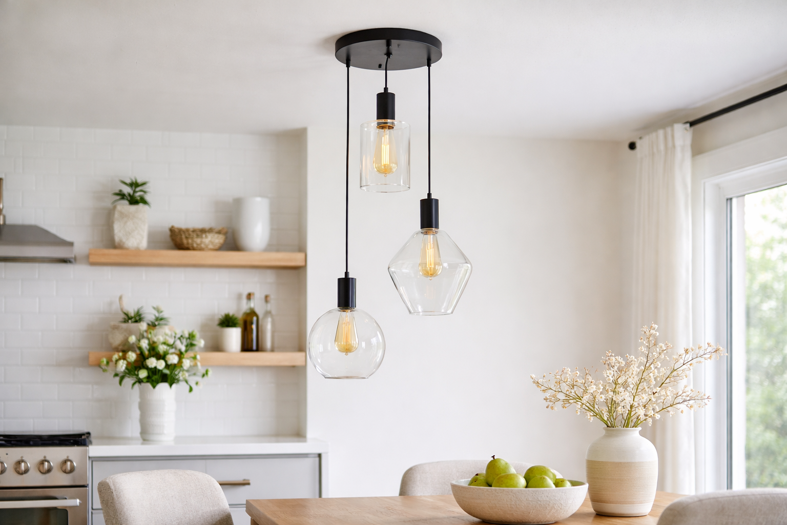 12" round metal base chandelier with 3 glass shade pendants small dining table lighting