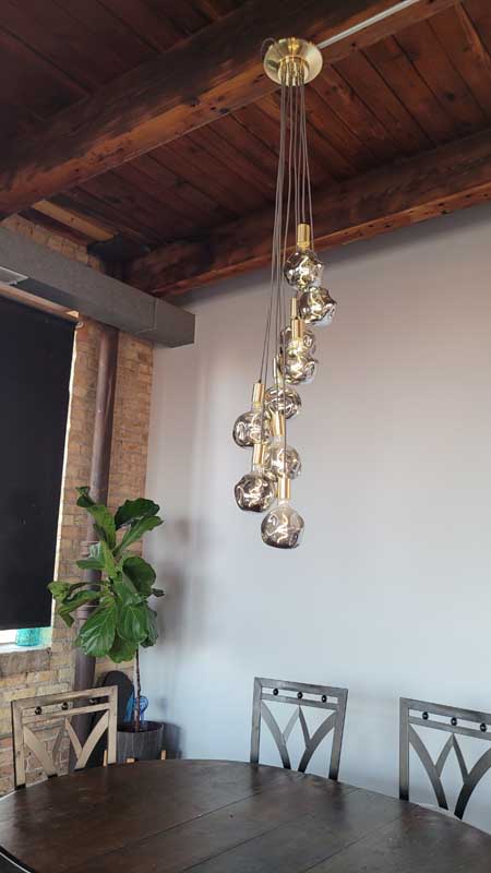 Cascading Pendant Light Cluster Mauve and Brass with Rippled Smoked Globe Bulbs