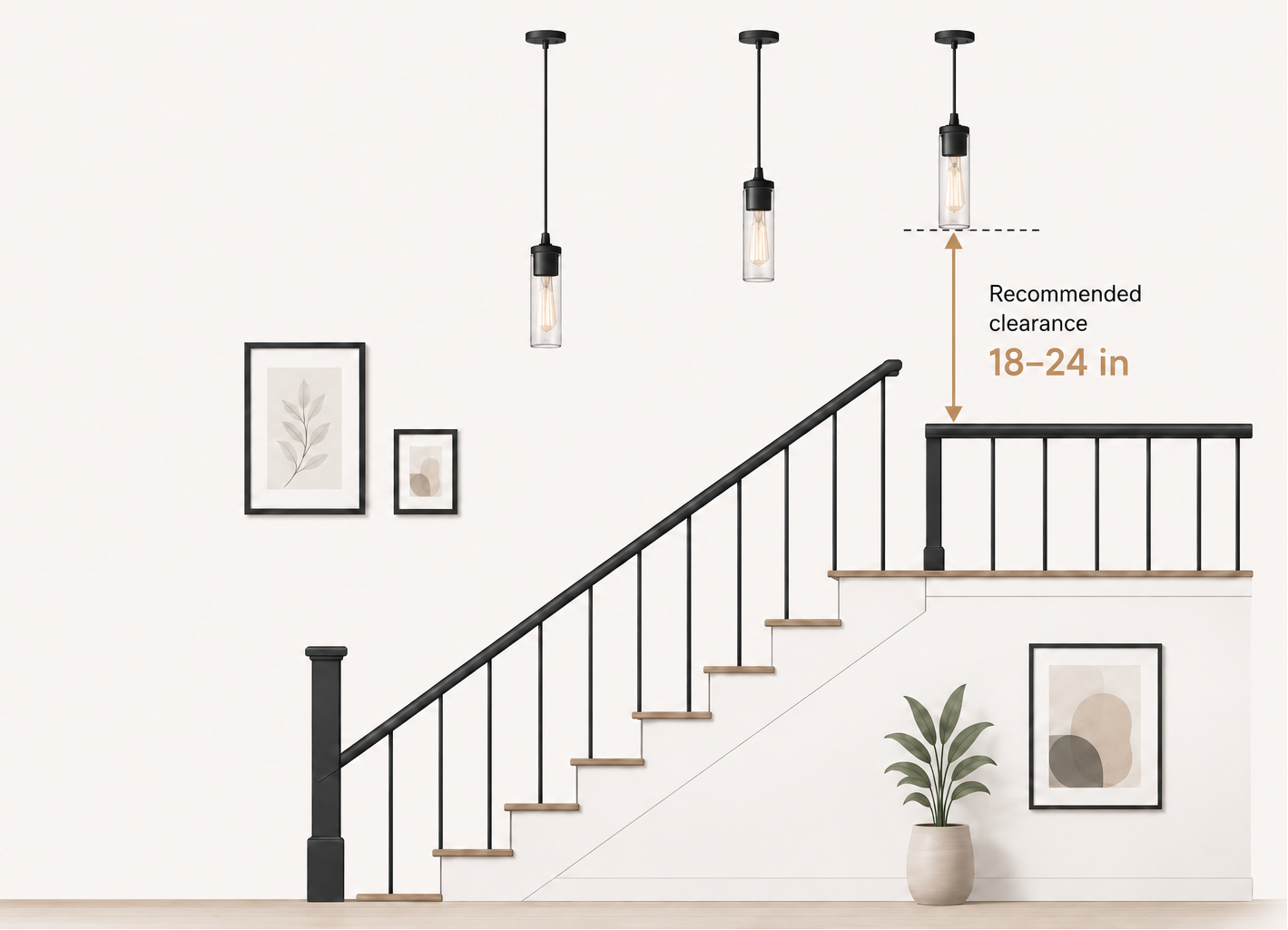 A staged interior scene showing a staircase with black railings and pendant lights, plus overlaid text reading 'Recommended clearance 18-24 in' to communicate spacing.