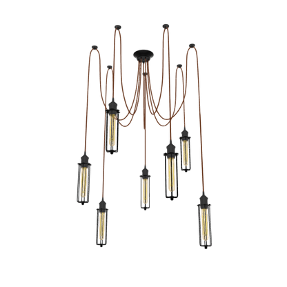industrial swag chandelier with vintage tube cages and tube light bulbs