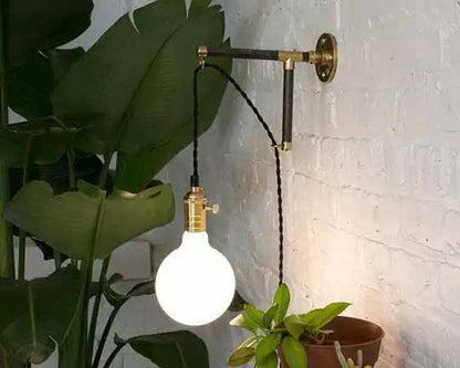 Plug-in L-Bracket Wall Sconce: Black and Brass