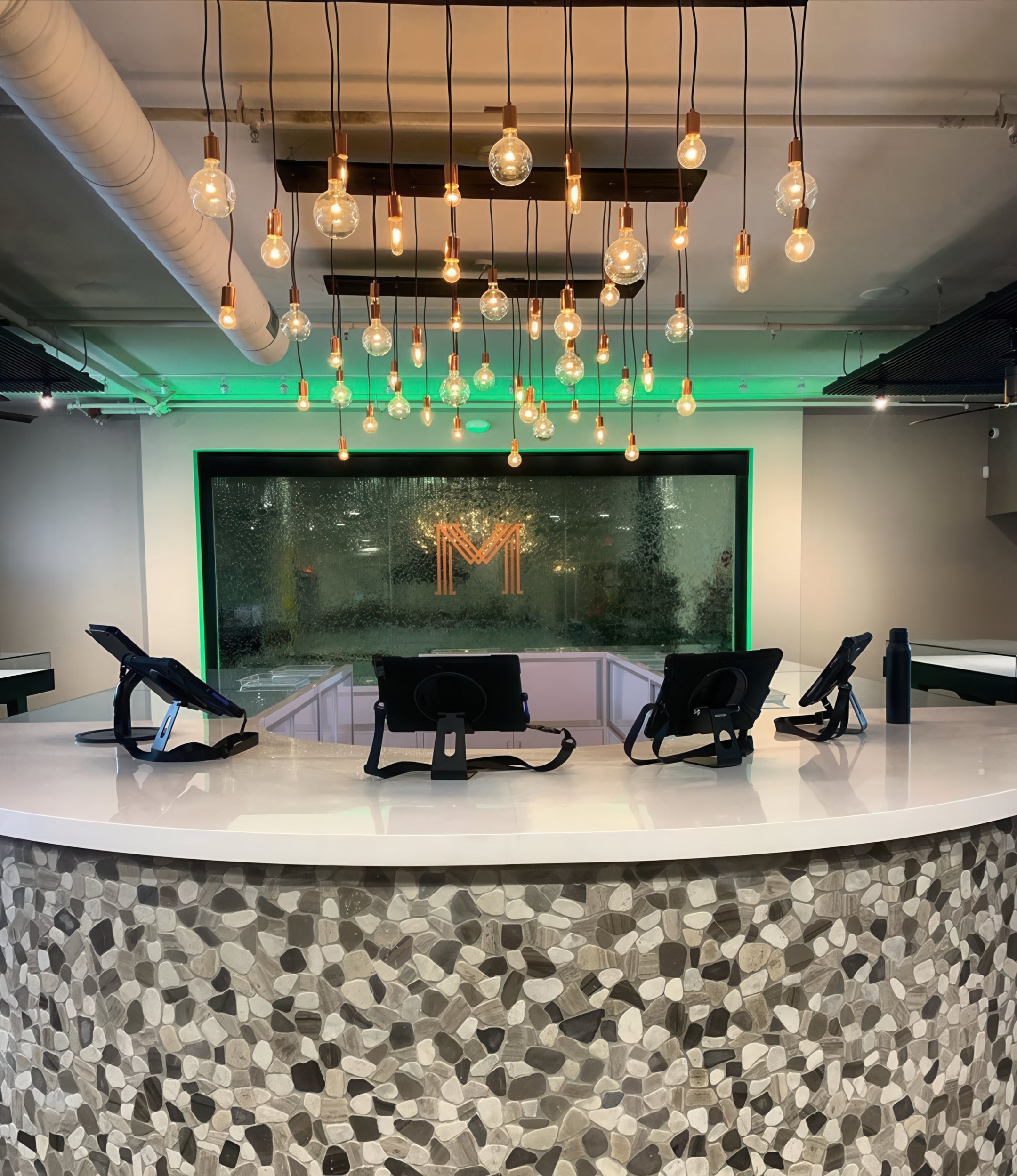 office reception chandeliers with mixed bulbs