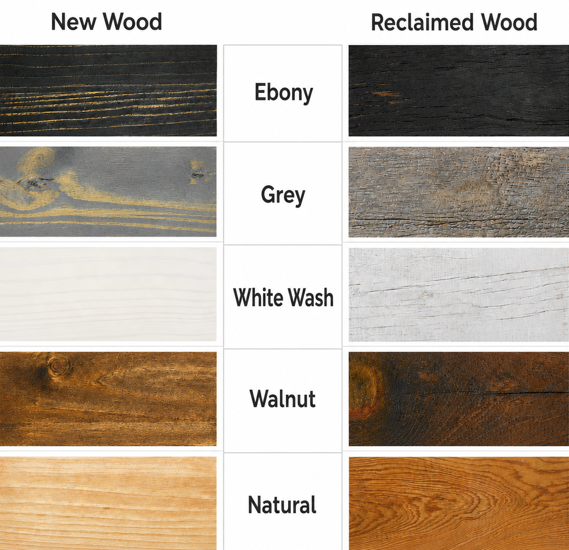 A comparison chart showing wood finish options labeled Ebony, Grey, White Wash, Walnut, and Natural under New Wood, alongside Reclaimed Wood options, with square texture swatches on a white background.