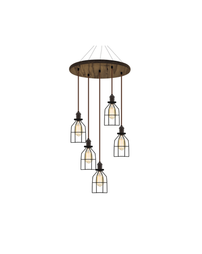18" Round Wood Chandelier: Walnut, Black, and Black Round Cages Hangout Lighting 