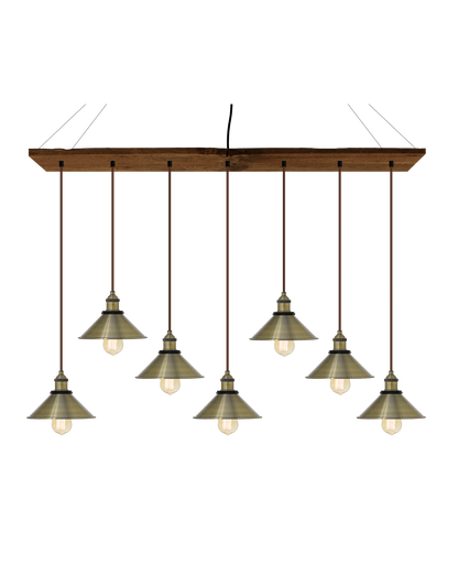 47" x 9" Reclaimed Linear Wood Chandelier: Walnut, Brown, and Antique Brass Shades Hangout Lighting 