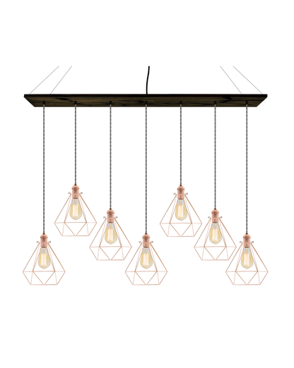 47" x 9" Wood Chandelier: Ebony, Grey, and Copper Diamond Cages Hangout Lighting 