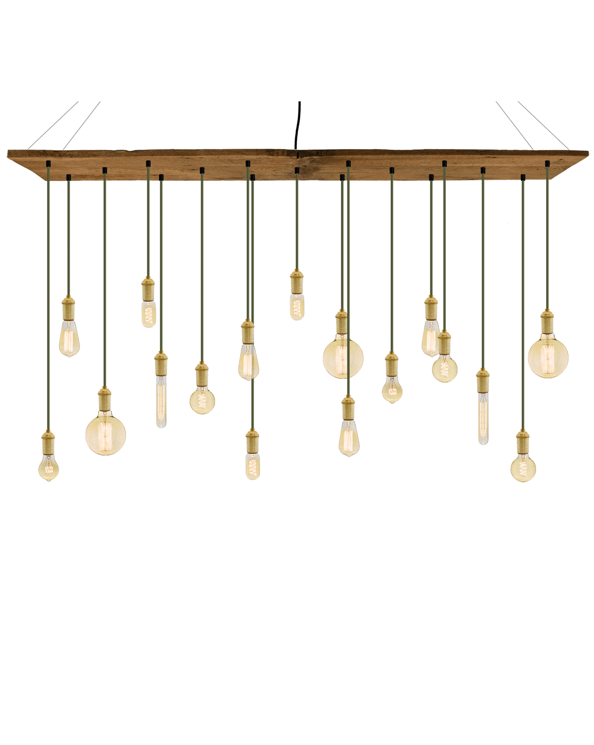 70"x12" Reclaimed Wood Chandelier: Olive and Brass with Mixed Antique Bulbs Hangout Lighting 