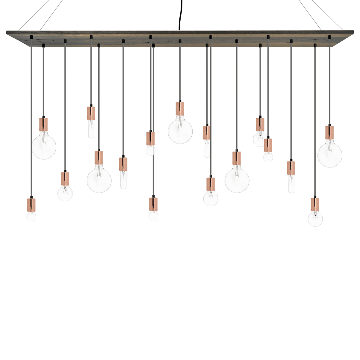 70"x12" Wood Chandelier: Grey, Copper, and Mixed Clear Bulbs Hangout Lighting 