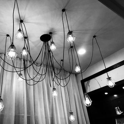 black and white industrial swag chandelier