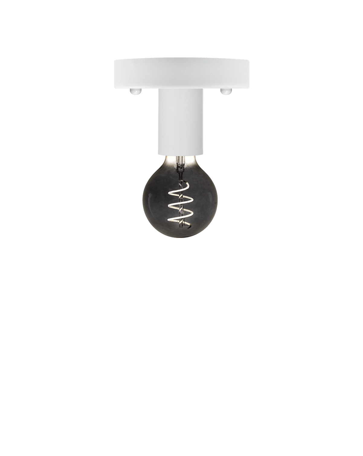 Flush mount light fixture with a white base and a distinctive black bulb with a unique filament design