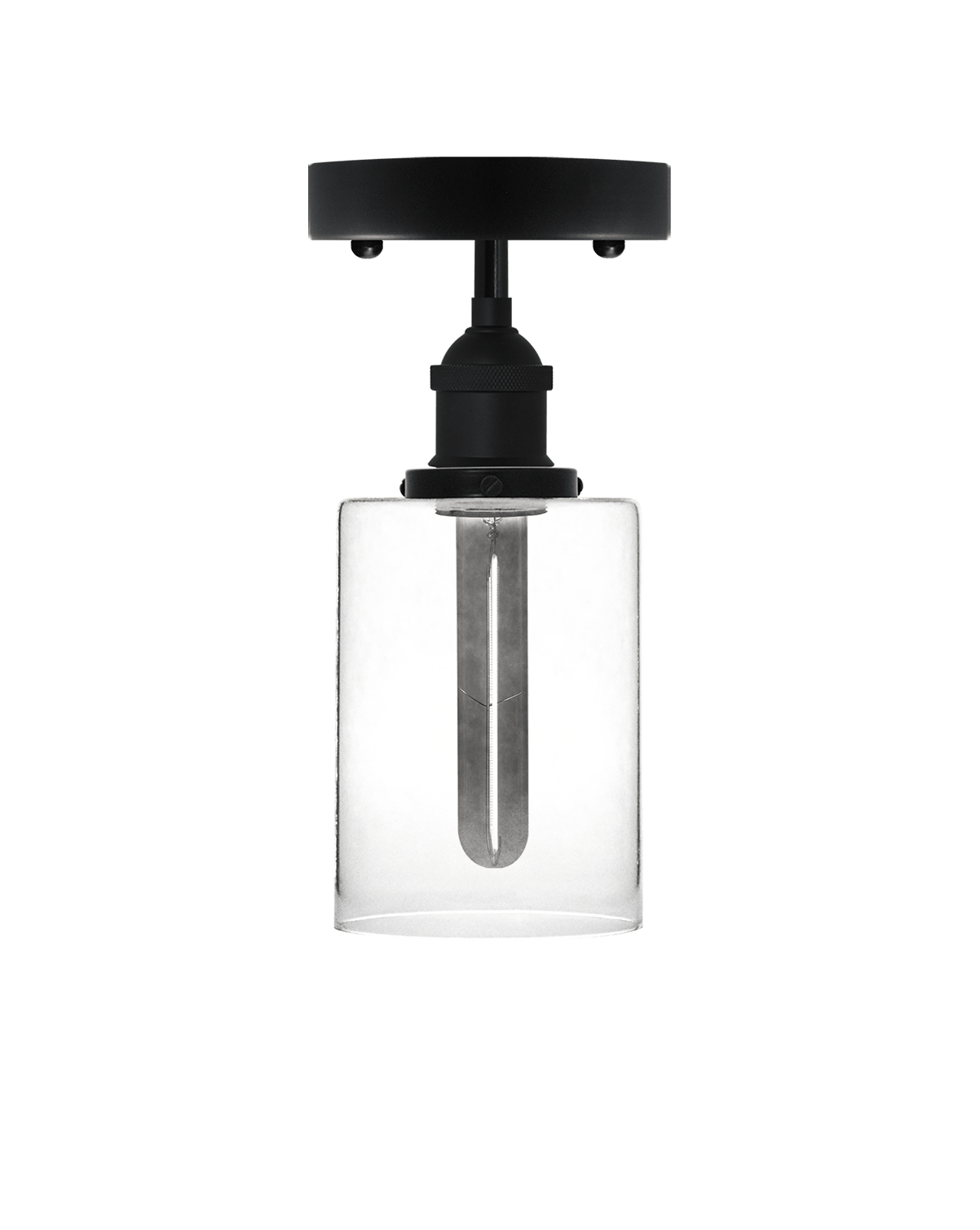 Semi-flush mount light fixture with a black base and a clear cylindrical glass shade.
