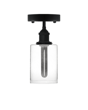Semi-flush mount light fixture with a black base and a clear cylindrical glass shade.